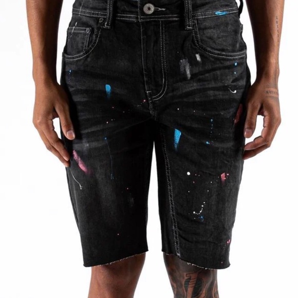 Serenede Galaxy Black Paint-Splatter Men's Stretch Denim Shorts Size 32 - Picture 1 of 10